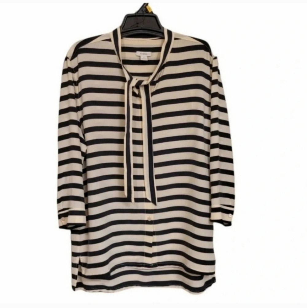 Fossil Silk Tie Neck Striped Blouse Cream Black Size XS - Picture 2 of 8
